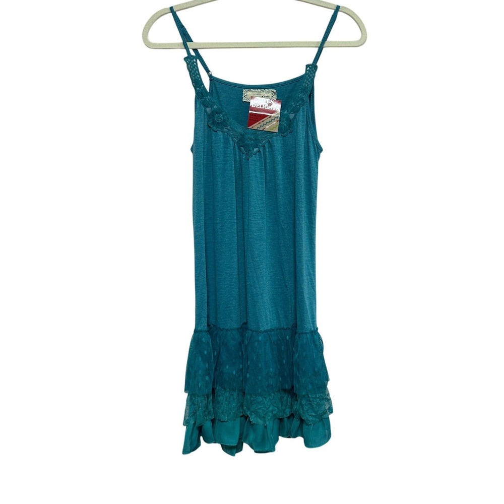 A'reve Teal Blue Lace Trim Tiered Ruffle Hem Tunic Dress NWT Womens Medium